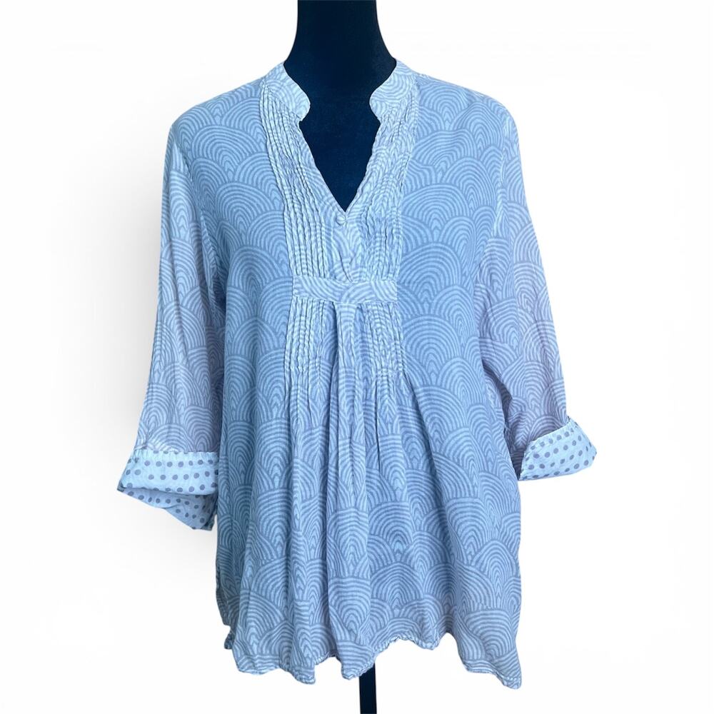Oliphant 100% Cotton Shirt Neutral Print Pleated Notch Collar 3/4 Sleeve Size L